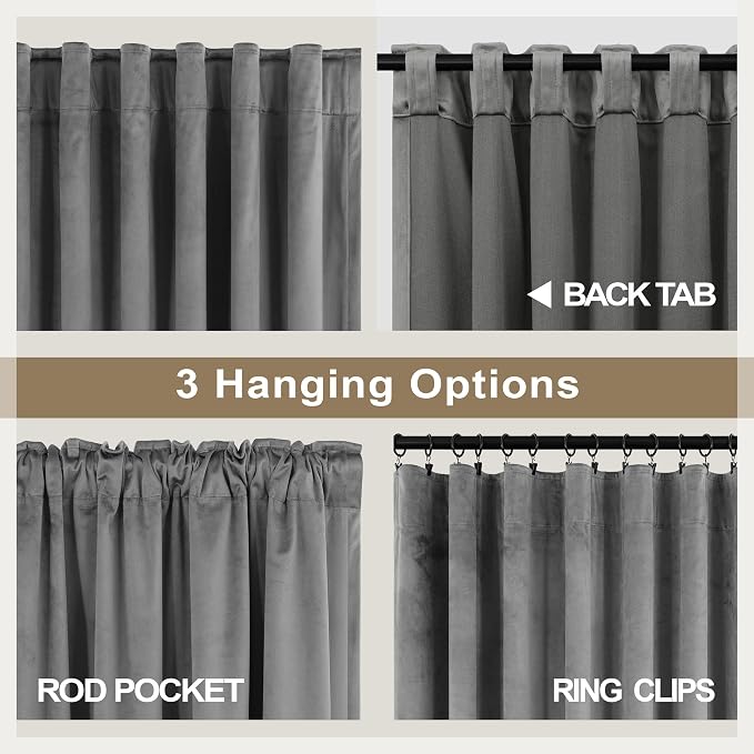 Gray Velvet Curtains 96 Inches Long Grey Thermal Insulated Thick Plush Velvet Blackout Curtains Noise Reduce Back Tab Rod Pocket Luxury Panels for Bedroom Living Room Dining 2 Panels 52x96 Inch Length