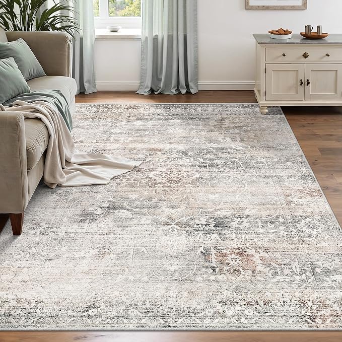 Soalmost 5x7 Area Rugs for Living Room, Washable Bedroom Soft Rug Taupe | Vintage Floral Stain Resistant Non-Slip Low Pile Throw Large Carpet for Dining Room Kitchen Home Office Nursery 5'x7'