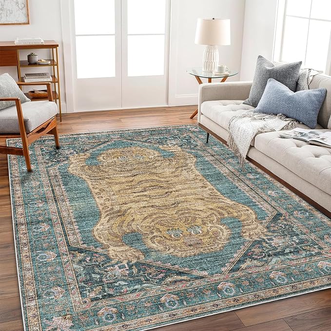 CHAMPLANT Washable Area Rug 3'x5' Vintage Traditional Floor Cover Foldable Thin Rugs Retro Kitchen Indoor Distressed Non Slip Carpet Floral Print Mat Bedroom Living Room