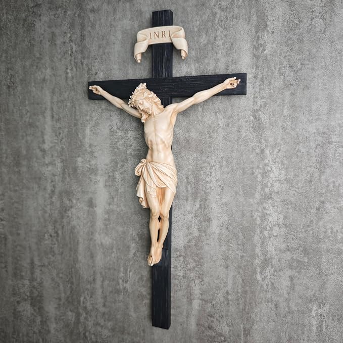 BC Catholic Crucifix Wall Cross, Elegant Modern Home Decor, Religious Gifts for House Warming, 16" H, Renaissance Sculpture Handmade by Buildclassic (Bone Beige)