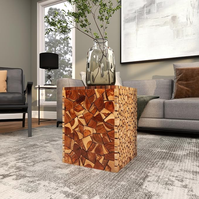 Deco 79 Teak Wood Side Table, 14" x 14" x 18", Varnished Brown | Distinctive living room style, wood side table for living room, brown end table, handmade, mosaic wood chip design