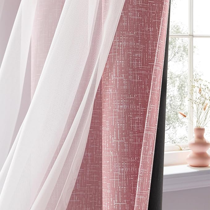 Ombre 100% Blackout Curtains 84 Inches Long 2 Panels for Girls Bedroom Living Room Pink and White Double Layer Sheer Overlay Mix & Match Grommet Thermal Soundproof Drapes with Tiebacks