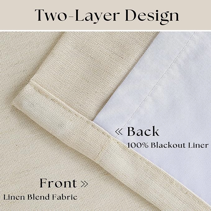 Flax Linen Black Out Curtains for Bedroom Windows 96 Inch Long 2 Panels Pinch Pleated 2 Layer Back Tab Insulated Thermal Blackout Curtain Living Room Earthy Tone Cream Beige Drapes 96 Inch Length