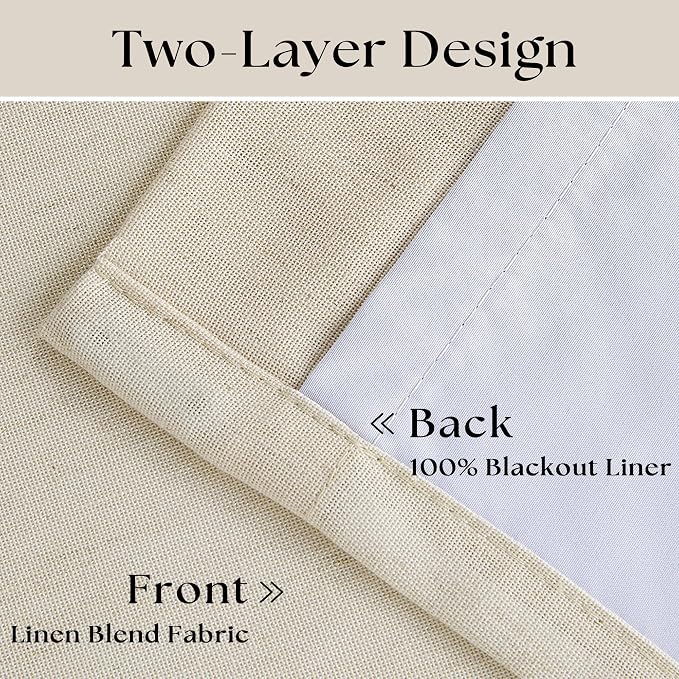 Cream Beige Linen Blackout Curtains Pinch Pleated 102 Inches Long for Bedroom Memory Shape Back Tab Flax Linen Curtains Blackout Farmhouse Full Light Blocking Thermal Insulated Drapes 2 Panels Set