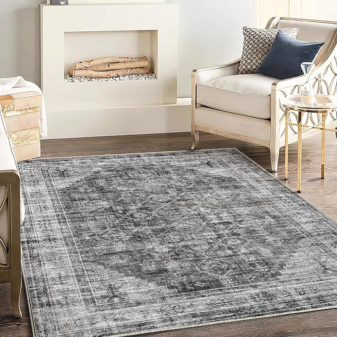 CHAMPLANT Washable Area Rug 4'x6' Vintage Traditional Floor Cover Foldable Thin Rugs Retro Kitchen Indoor Distressed Non Slip Carpet Floral Print Mat Bedroom Living Room