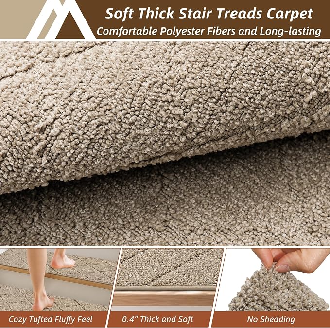COSY HOMEER Stair Treads for Wooden Steps 11"x30" Washable Indoor Carpet Stair Treads Non Slip Soft Polyester Stair Carpet Tread Reusable Stair Runner Rugs for Kids, Elders,Pets,Beige,15pcs