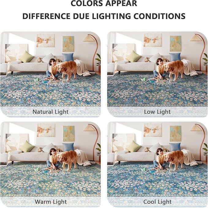 8x10 Area Rugs, Machine Washable Low Pile Floral Rugs for Living Room, Bedroom, Large Boho Area Rug with Non-Slip Backing for Dining Room(Blue Floral)