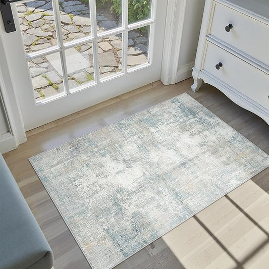 2x3 Washable Area Rug Blue Cream Abstract Non Slip Soft Low Pile Small Rug for Entryway Kitchen Bathroom Neutral Modern Throw Carpet for Living Room Bedroom Home Decor