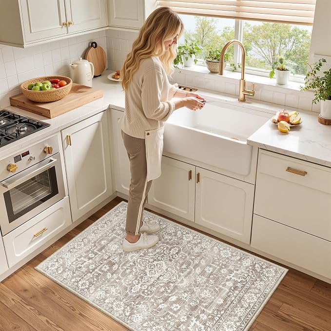 Soalmost 2x3 Area Rugs for Entryway, Washable Neutral Soft Rug Light Brown | Vintage Floral Low Pile Non-Slip Throw Rugs, Accent Rug Floral Indoor Mat for Bedside Living Room Kitchen Bedroom 2'x3'