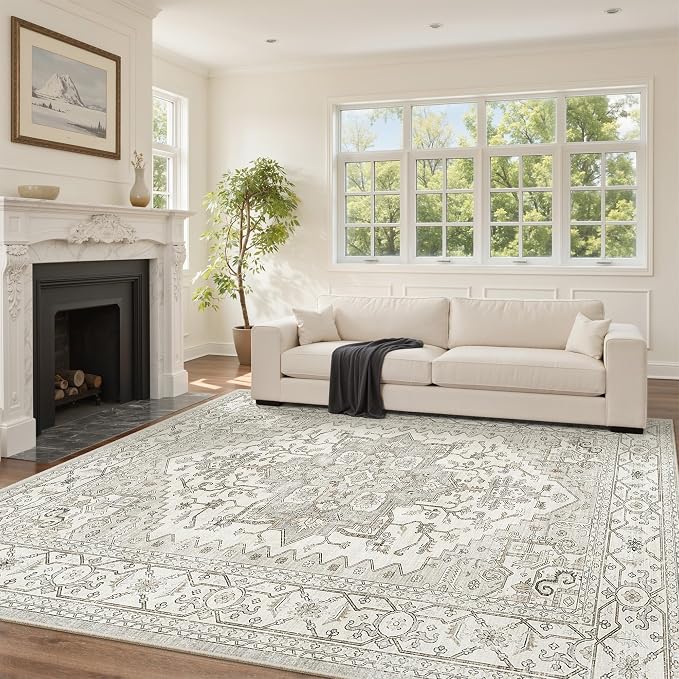 befbee Washable Area Rug 5x7, Area Rugs Stain Resistant Neutral Washable Rugs for Living Room Bedroom Vintage Non-Slip Thin Large Size Area Rug（Beige）