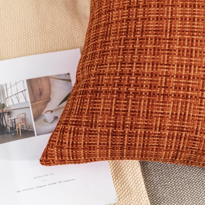 Kevin Textile Outdoor Waterproof Throw Pillow Covers 26x26 Inch Pack of 2 Woven Faux Linen Farmhouse Decorative Euro Shams Water Resistant Cushion Covers for Tent Patio Garden Couch Sofa Burnt Orange