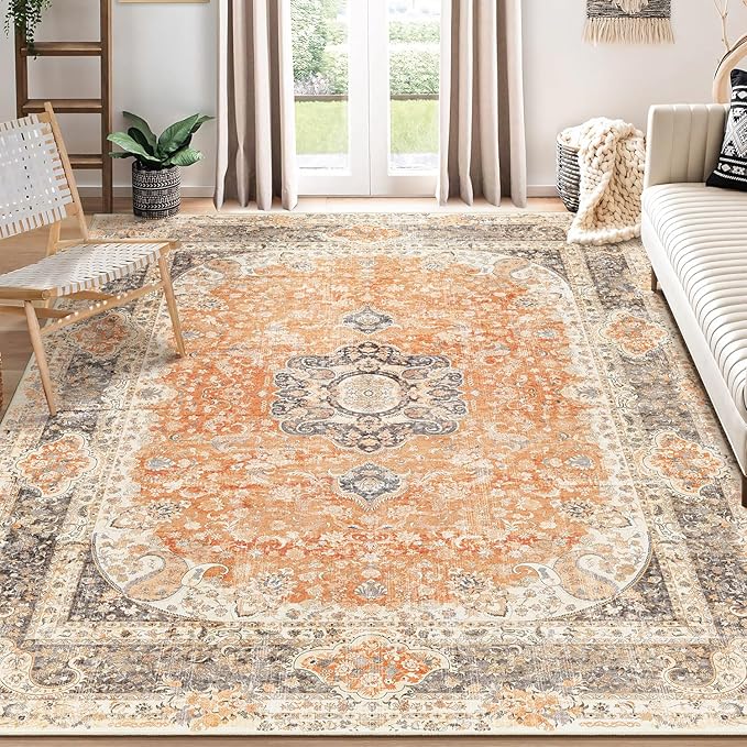 8x10 Area Rugs Washable,Boho Rug for Living Room Bedroom Dining Room,Large Vintage Bohemian Farnhouse Distressed Carpet Non Slip,Retro Orange Grey Floral