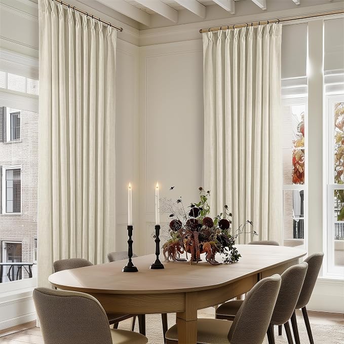 Extra Wide Pinch Pleat 60 x 90 Inch Linen Curtains for Living Room Neutral Beige Light Filtering Semi Sheer Pleated Curtains for Patio Glass Sliding Door Dining Bedroom Large Window 60x90 1 Panel