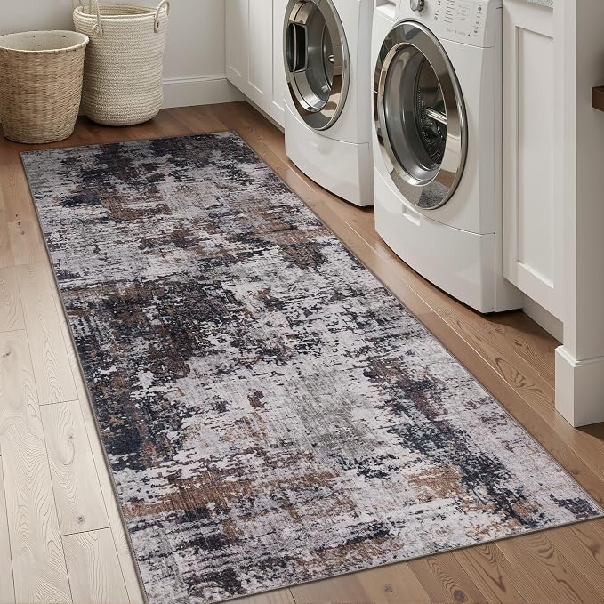 Sasttie 2x8 Soft Runner Rug for Entryway, Modern Abstract Washable Carpet for Hallway, Kitchen and Laundry Room, with Non-Slip Backing, Black and Brown