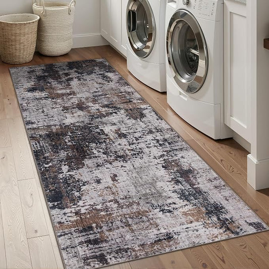 Sasttie 2x8 Soft Runner Rug for Entryway, Modern Abstract Washable Carpet for Hallway, Kitchen and Laundry Room, with Non-Slip Backing, Black and Brown