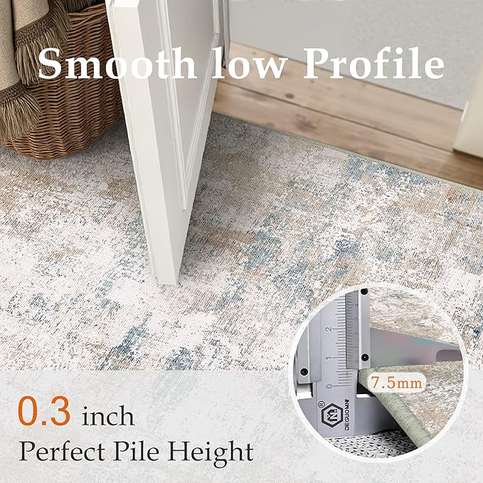 5x7 Washable Area Rug Beige Blue Abstract Non Slip Soft Low Pile Rug for Living Room Bedroom Dining Room Office Neutral Modern Indoor Throw Carpet for Home Decor