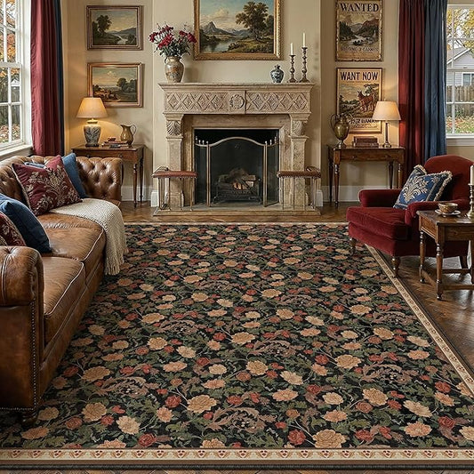 HUGEAR Retro Area Rugs 9x12 Washable Living Room Bedroom Rugs Vintage Floral Throw Carpet Black Brown Stain Resistant Non Slip Low Pile for Home Aesthetic Modern Decor