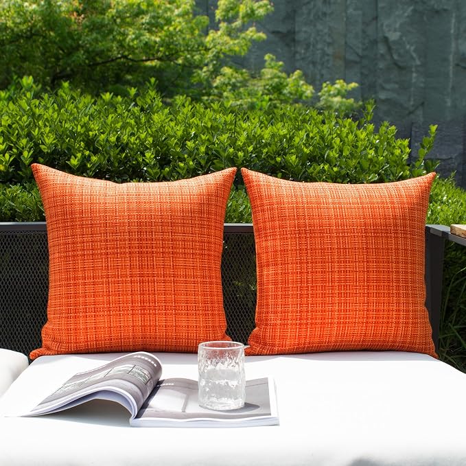 Kevin Textile Pack of 2 Decorative Outdoor Waterproof Fall Throw Pillow Covers Stripe Square Pillowcases Modern Autumn Decorative Cushion Cases for Patio Couch Bench 22 x 22 Inch Orange