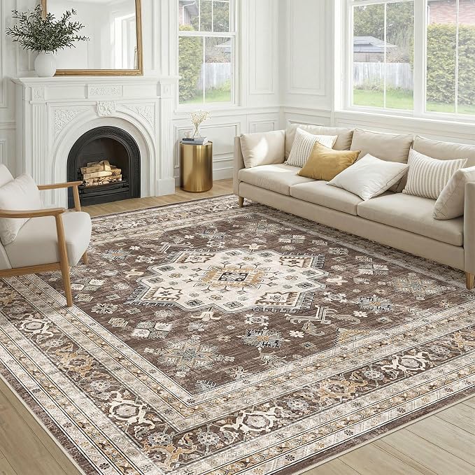 Vintage Living Room Square Area Rug 9x9 - Large Soft Washable Oriental Traditional Distressed Farmhouse Rugs for Bedroom - Indoor Floor Accent Carpet for Home Office House Decor - Dark Brown