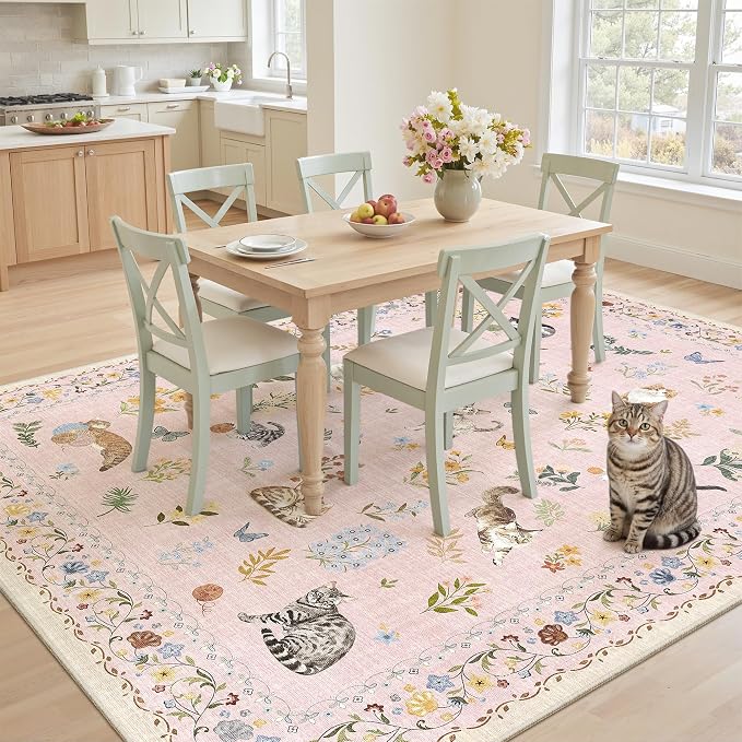 Soalmost Cat 6x9 Pink Area Rugs for Baby Girl Nursery, Machine Washable Animal Floral Vintage Rug Non-Slip Low Pile Soft Throw Rugs for Living Room Kitchen Dining Room Bedroom Playroom (6 x 9,Pink)