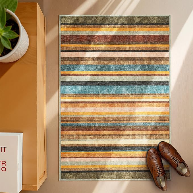 jinchan 2x3 Striped Rug for Entryway Washable Kitchen Rug Small Mat Non Slip Indoor Doormat Lightweight Low-Profile Decor Throw Carpet for Entrance Bathroom Laundry Room, Pine Dawn