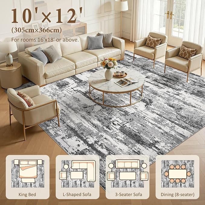 Area Rugs for Living Room: Abstract Washable Rug Modern Neutral Large Soft Stain Resistant Non-Slip Backing Machine Table for Bedroom Dining Room Indoor Home Office Carpet - 12x15 Black Grey