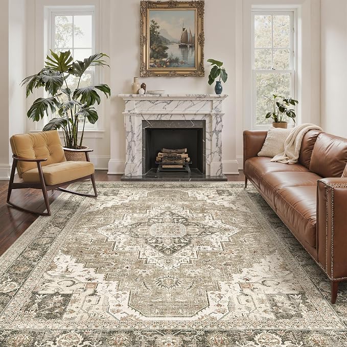 Roxstand 6x9 Area Rugs for Living Room, Washable Rug with Non-Slip Backing, Ultra-Thin Rugs for High-Traffic Areas, Super-Soft Floral Vintage Farmhouse Large Area Rug (Brown/Beige, 6'x9')