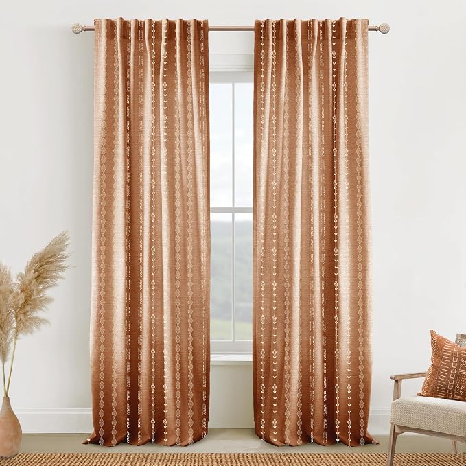 Terracotta Boho Curtains for Living Room Bedroom, Vintage Burnt Orange Rust Colored Floral Printed Drapes, Rustic Farmhouse Sheer Linen Patterned Curtains 84 Inch Length 2 Panels Set