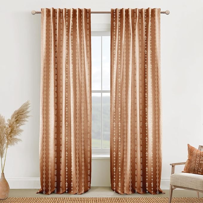 Boho Curtain for Living Room, Back Tab Linen Sheer Curtains for Bedroom,90 Inches Long Terracotta