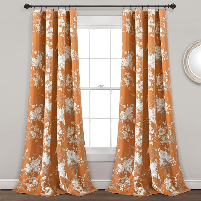 Lush Decor Botanical Garden Curtains Floral Bird Print Light Filtering Window Panel Drapes Set for Living, Dining, Bedroom (Pair), Orange, 52"W x 84L"