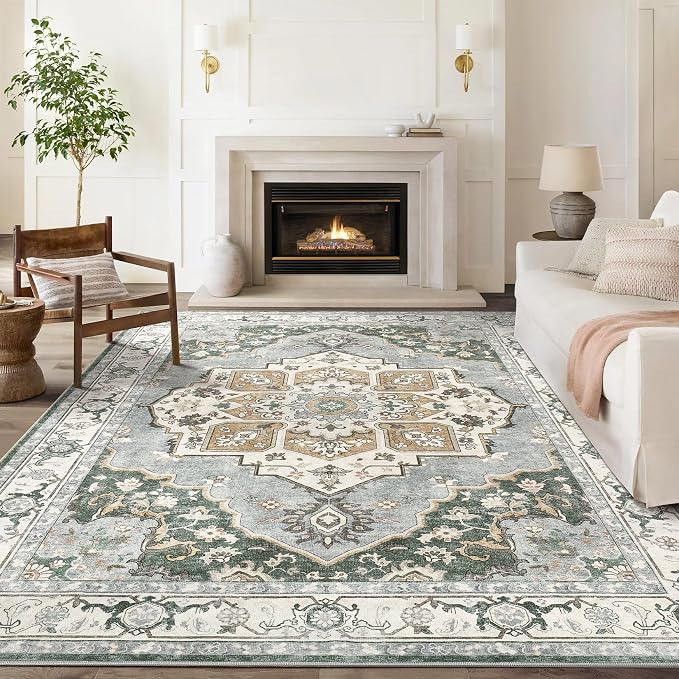 6x9 Washable Area Rug: Vintage Neutral Soft Non Slip Thin Large Floor Carpet for Living Room Bedroom Kitchen Dining Room Home Office Farmhouse Indoor - Green
