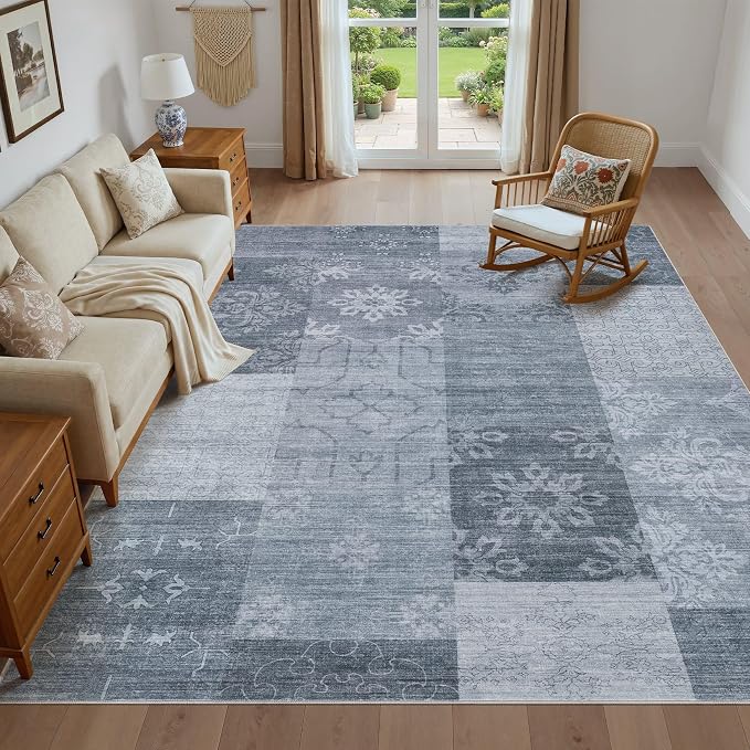 UERMEI 9x12 Area Rug for Living Room - Washable Vintage Carpet, Non-Slip Soft Large Indoor Floor Rugs for Bedroom Home Office & Under Dining Table Decor, Blue Block