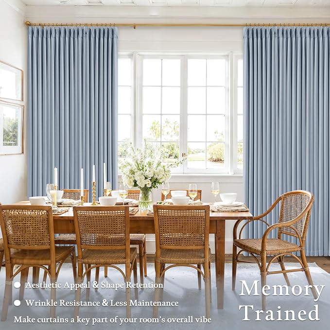 Light Blue 120 Inch Blackout Pinch Pleated Curtains 2 Panel Set for Living Room Darkening Thick Linen Textured 100% Black Out Drapes 120 Inches Long Pinch Pleat Light Blocking Bedroom for Babys Kids