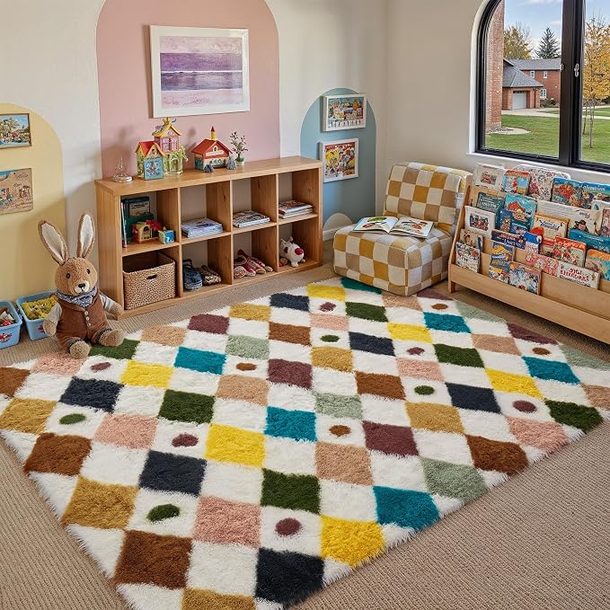 PureCozy Checkered Rug 4x6 Fluffy Shag Living Room Rainbow Area Rug Modern Washable Carpet Soft Shaggy Non Slip Indoor Plush Fuzzy Rugs for Bedroom Dorm Office Home Aesthetic Decor