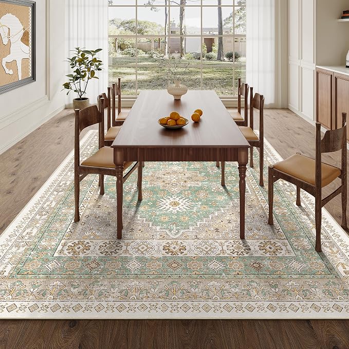 zesthome 5x7 Area Rugs - Ultra-Thin Washble Rug, Stain Resistant Anti Slip Backing Rugs for Living Room,Bedroom, Vintage Home Decor Area Rug (Green/Brown,5'x7')