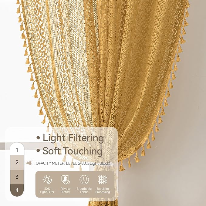 WAZZIO Boho Lace Curtains 63 Inches 2 Panel,Light Filtering Privacy Tassel & Geometry Crochet Semi Sheer Curtain Drapes for Bedroom Living Dining Room,Rod Pocket & Tassel,Mustard Yellow