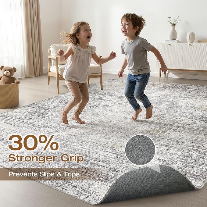 6x8 Area Rug Living Room: Washable Large Neutral Rug Abstract Soft Modern Stain Resistant Indoor Floor Non-Slip Carpet for Bedroom Nursery Kids Office Playroom Dining Room Under Table- Gray Beige