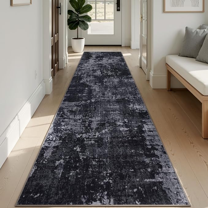 Sasttie 2x12 Soft Runner Rug for Entryway, Modern Abstract Washable Carpet for Hallway, Kitchen and Laundry Room, with Non-Slip Backing, Black and Grey