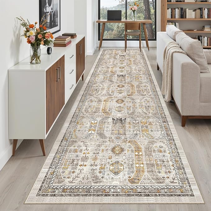 Madane Hallway Runner Rug 3x12 Washable Kitchen Runners 12ft, Brown/Gold | Vintage Non Slip Area Rugs for Hallways, Soft Low-Pile Thin Farmhouse Wide Floor Carpet for Entryway Foyer Bathroom Bedroom