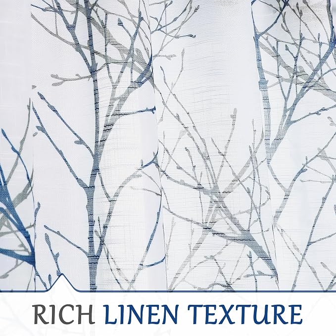 FMFUNCTEX White Blue Sliding Door Curtain 96 Inches Long Tree Branch Semi Sheer Patio Glass Door Panel for Large Windows Living Room Linen Texture Curtain Drapes for Privacy 1Panel