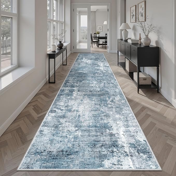 Soalmost Runner Rug 2'6" x 12' Washable Non-Slip 2.5x12 ft Long Runner Rugs for Kitchen Bathroom Laundry Room Vintage Ultra Thin Runners for Hallway Entryway Blue/Grey
