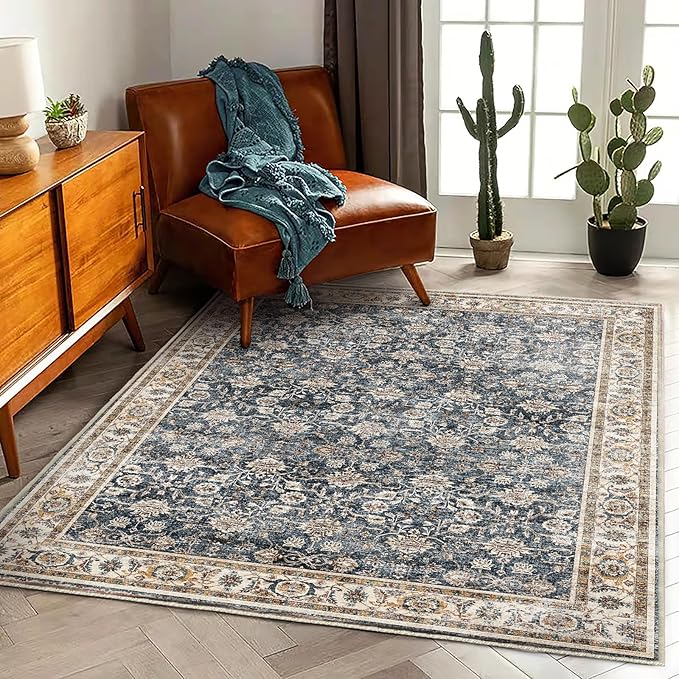 CHAMPLANT Washable Area Rug 4'x6' Vintage Traditional Floor Cover Foldable Thin Rugs Retro Kitchen Indoor Distressed Non Slip Carpet Floral Print Mat Bedroom Living Room
