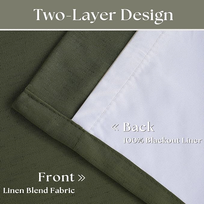 Olive Green Pleated Linen Blackout Curtains 102 Inches Long for Bedroom Living Room Pinch Pleat Black Out Thermal Insulated Ring Hooks Room Darkening Drapes Dark Green Curtains with Liner 40x102