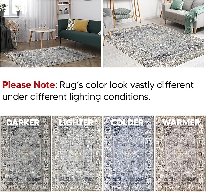 Keen Home Design 5x7 Rug - Machine Washable Area Rug with Non-Slip Backing, Ideal for Living Room, Dining Room, Bedroom - Vintage, Easy Clean, Durable, Low Pile Rug - (5' x 7')