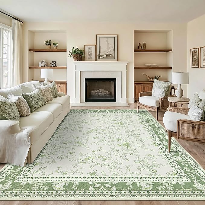 Sage Green Area Rugs 8x10 for Living Room Boho Washable Large Floral Floor Covering, 8 x 10 Cream Beige Green Rugs Bedroom Dining Room, Non Slip Farmhouse Floor Carpet for Kids Playroom Dorm Nursery