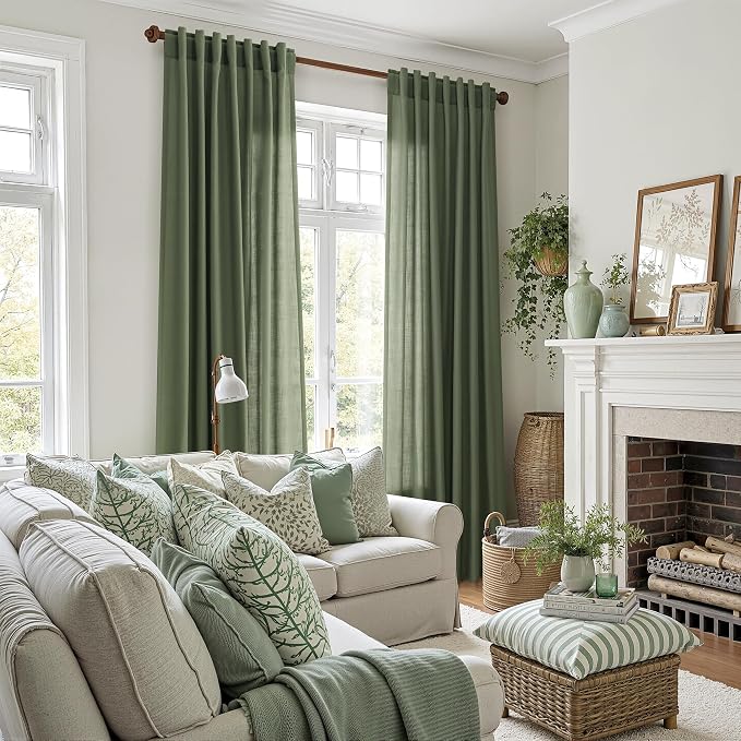 Nanspring Forest Green Linen Curtains 84 Inch Length 2 Panels Set for Living Room Light Filtering Semi Sheer Curtain Back Tab Rod Pocket Wabi Sabi Boho Decor Drapes for Bedroom Office 52x84