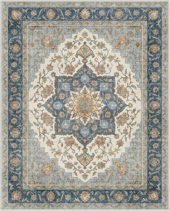 GENIMO 9x12 Area Rugs for Living Room, Machine Washable Non Slip Rugs, Low Pile Lightweight Print Rug for Bedroom, Dining Room, Home Office, Vintage Blue Medallion