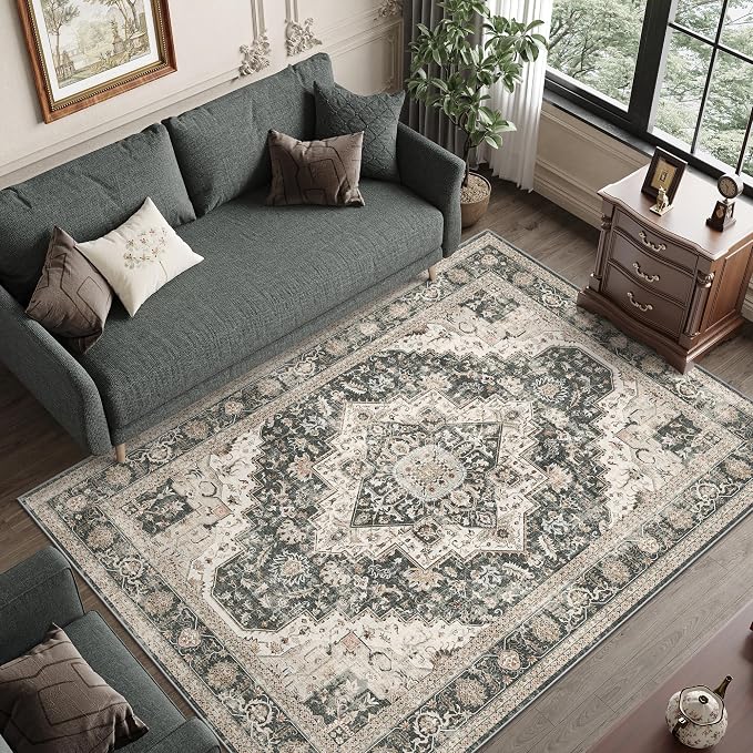 Roxstand 6x9 Area Rugs for Living Room, Washable Rug with Non-Slip Backing, Ultra-Thin Rugs for High-Traffic Areas, Super-Soft Floral Vintage Farmhouse Large Area Rug (Black/Beige, 6'x9')