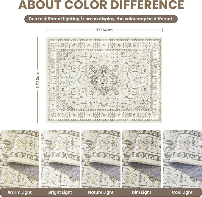 zesthome Washable Rug 6x9 Area Rugs,Stain Resistant Rugs for Living Room,Bedroom,Non-Slip Backing Home Decor Rug, Vintage Medallion Pattern Rugs (Beige,6'x9')