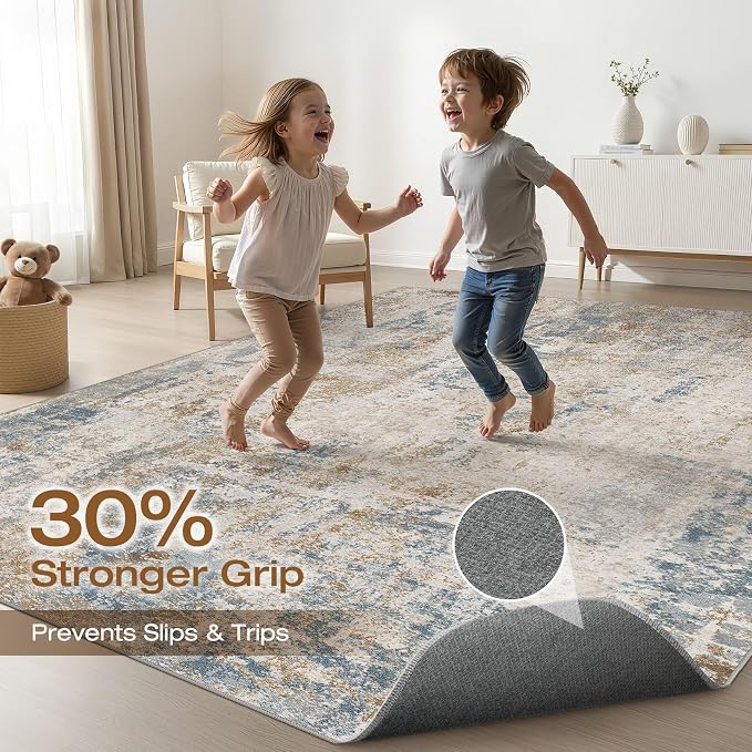 10x14 Area Rugs Living Room: Washable Large Neutral Rug Abstract Soft Modern Stain Resistant Indoor Floor Non-Slip Carpet for Bedroom Nursery Kids Office Playroom Dining Room Under Table- Blue Brown